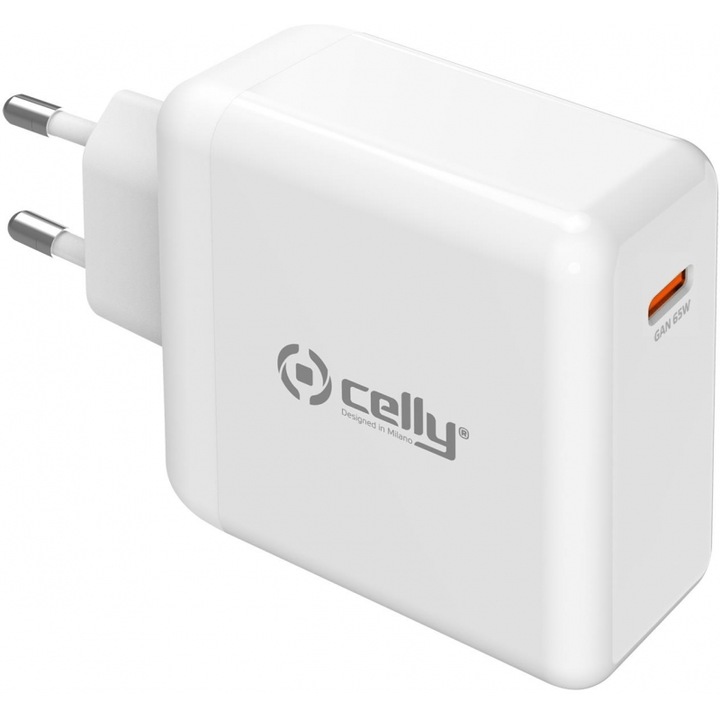 Incarcator telefon Celly GaN 65W Type-C, alb