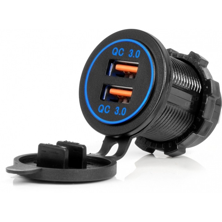 Priza auto Amio 2 iesiri USB 12/24V Quick Charge 3.0, culoare albastra, LED