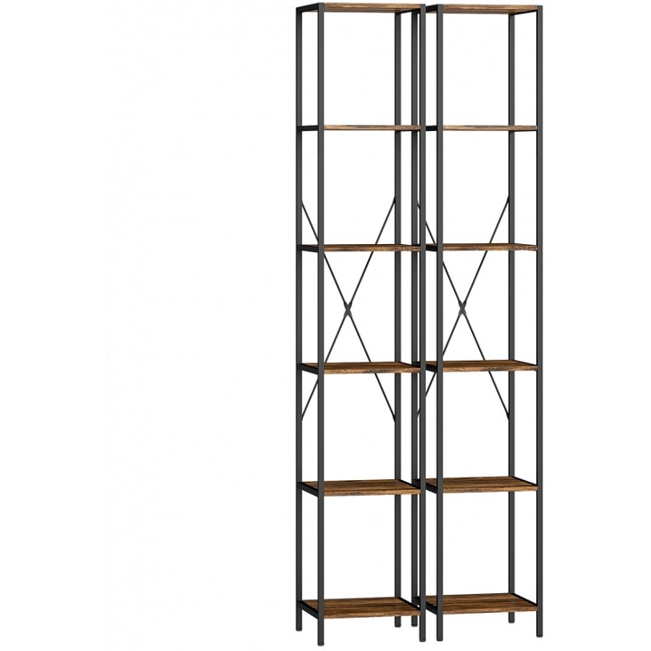 Set rafturi 2 piese biblioteca, 6 niveluri, pentru salon, birou, dormitor, stil rustic