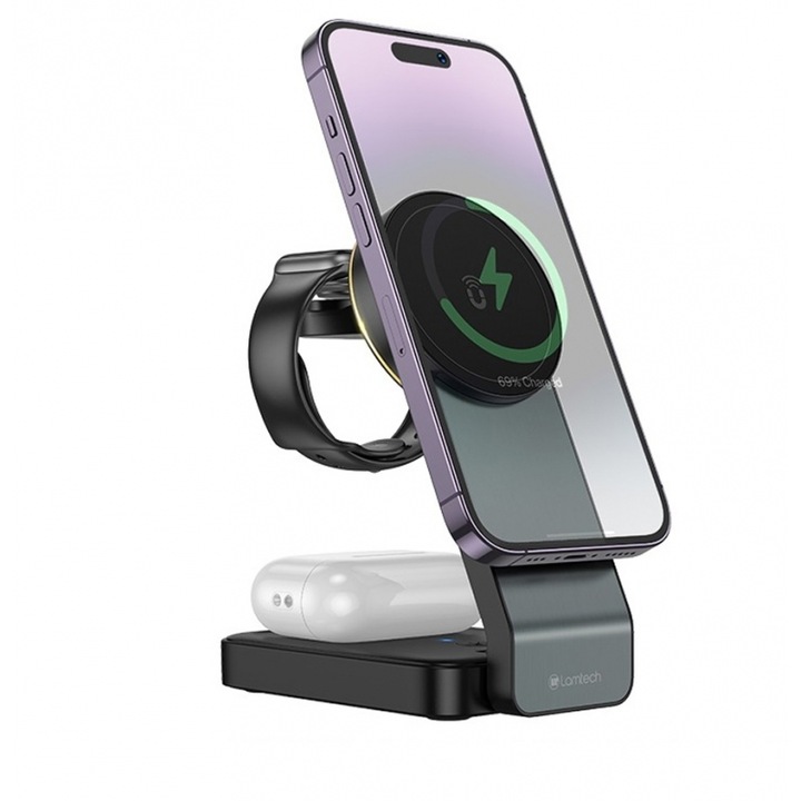 Incarcator telefon 3-in-1 LAMTECH magnetic pliabil wireless rapid negru