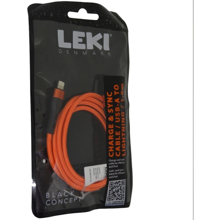 Cabluri de date telefoane, Leki, USB-A la Lightning, impletit, portocaliu, 1m