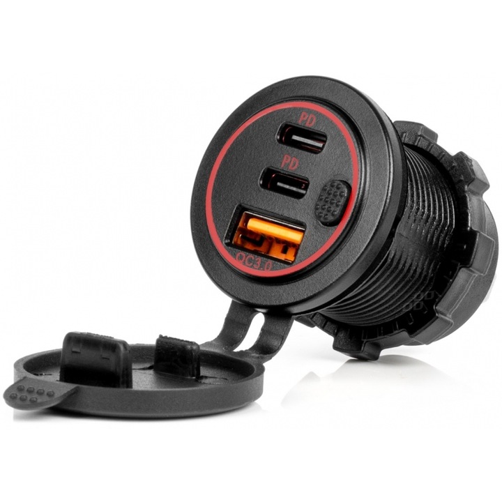 Priza auto Amio 3 Thyres USB+2xUSB-C 12/24V Quick Charge 3.0, neagra