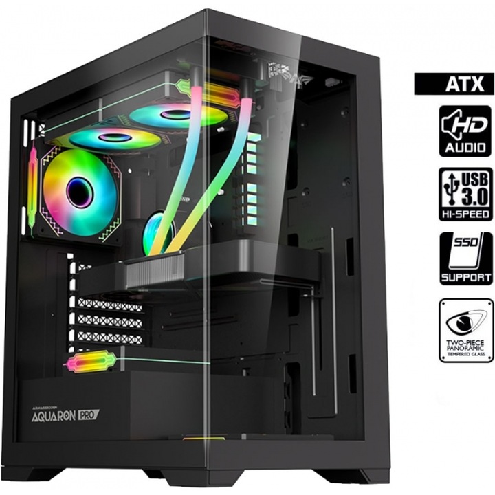 Carcasa gaming ARMAGGEDDON AQUARON PRO, transparenta, neagra, FULL ATX