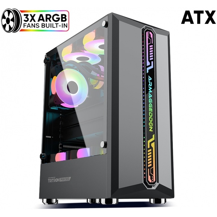 Carcasa gaming ARMAGGEDDON TRITRON PRO 300, 3 ventilatoare ARGB, neagra