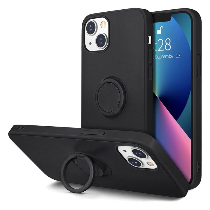 Husa din Silicon SoftHold cu Ring pentru Apple iPhone 15, Flexibila, Interior Microfibra, cu Suport, Prindere Sigura, Decupaje Precise, Negru