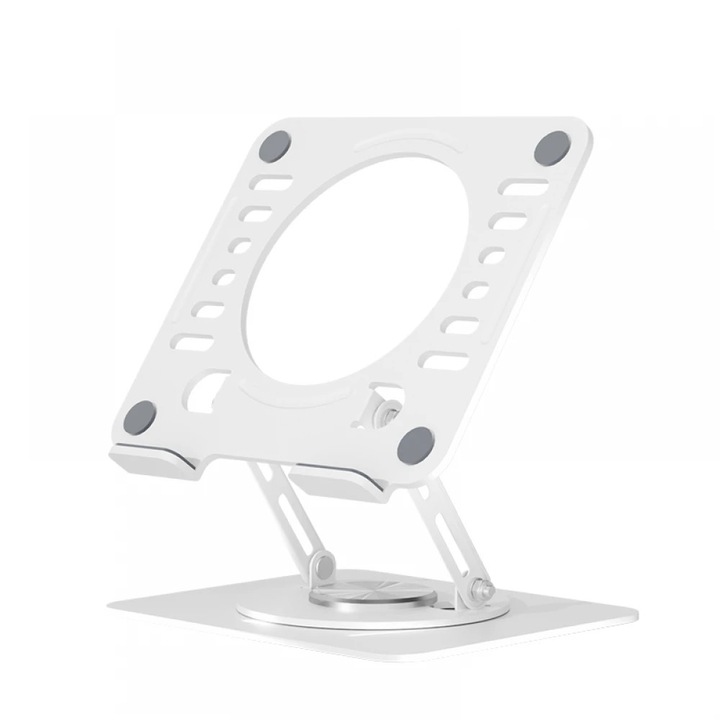Suport Laptop Reglabil, TOPSCAUNE®, Suport Laptop Premium Din Otel Carbon Cu Rotatie 360°, Inaltime Reglabila 34 cm, Brate Duble 180°, Stabil Antiderapant, Design Ergonomic Profesional, Ventilatie Eficienta, Compatibil Universal, Alb