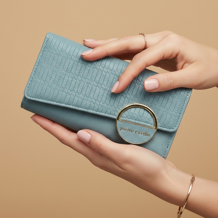 Portofel Dama Pierre Cardin, Spatios, Piele Ecologica, 18.5x10.5x5 cm, Culoare Albastru