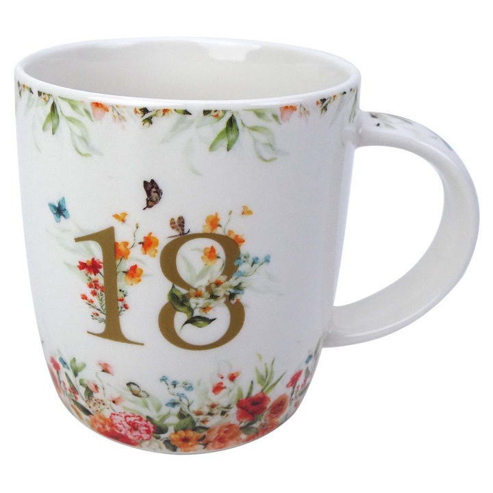 Cana aniversara de ziua de nastere „18” intr-o cutie cu funda, 400 ml