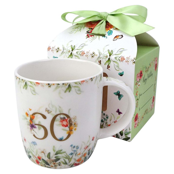 Cana aniversara de ziua de nastere „60” intr-o cutie cu funda, 400 ml