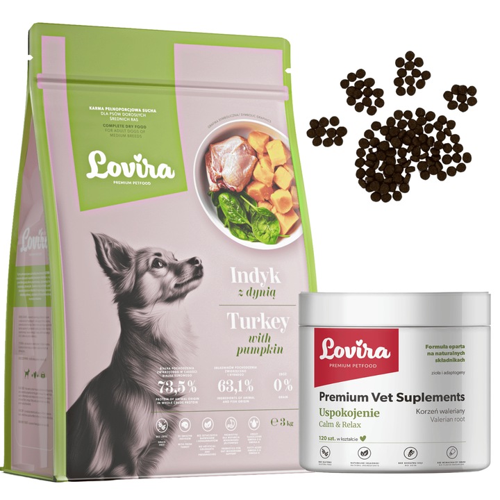 Set: Hrana uscata Curcan 3 kg + Suplimente calmante 120 buc, hipoalergenica, 100% naturala, pentru caini adulti