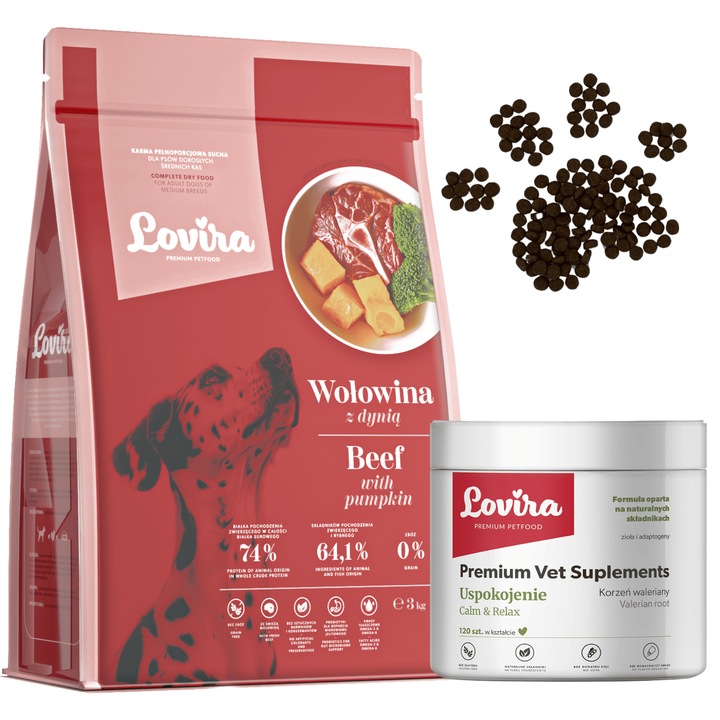 Set Hrana uscata de vita cu dovleac 3 kg + Suplimente calmante 120 buc, Lovira, hipoalergenica, pentru caini adulti