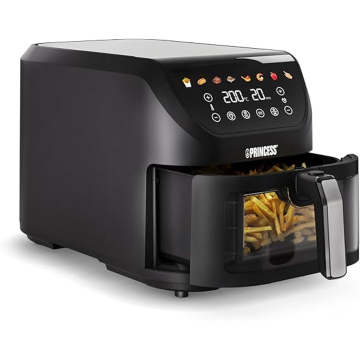 Princess SlimFry Airfryer, capacitate 8L, 2000W, 8 programe, ecran tactil digital, temperatura reglabila, fereastra de vizualizare, oprire automata, compatibil cu masina de spalat vase, model 182257