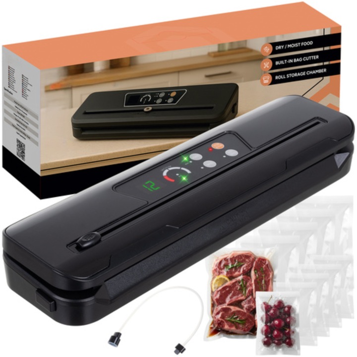Aparat de Vidat si Sigilat Alimente Umede/Uscate Velixo®️, Afisaj Digital Secunde Ramase, Oprire Automata, Cutter Incorporat, pentru Carne, Peste, Legume si Fructe, Portabil, 30 cm Bara de Lipire, 10 Pungi Incluse, Negru