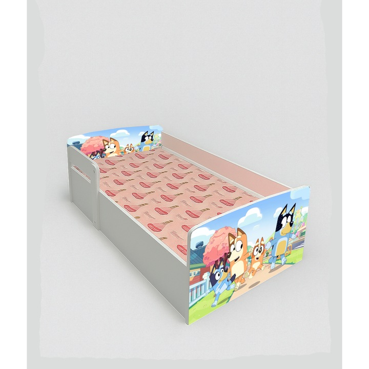 Pat copii Bluey, alb, 180x80 cm, cu saltea Safe Nest 6 cm, cu protectie