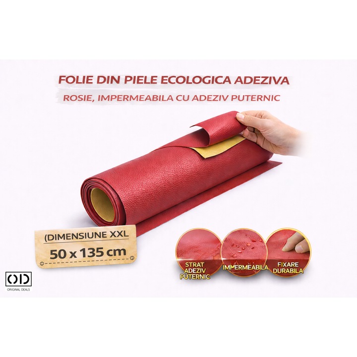 Piele Sinteitca Ecologica Autoadeziva, pentru Reconditionare Canapea, Scaun, Fotoliu si Interior Auto, Dimensiune 50 x 135 cm, Material Premium Rosu, ORIGINAL DEALS