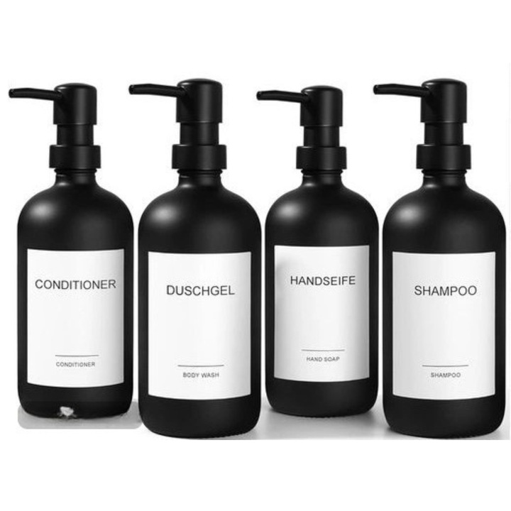 Set 4 Dispensere Sapun, Sampon, Gel de Dus si Lotiune de Corp, 500ml, din Sticla Mata – Design Modern, Elegant & Functional pentru Baie si Bucatarie, Negre