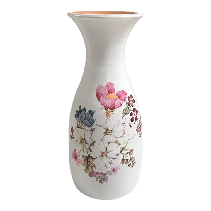 Vaza alba ceramica, decorata manual cu buchet de flori, 25 cm, artizanat autentic