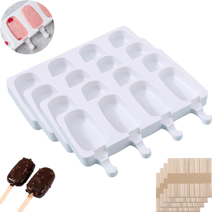 Set 4 Matrite Silicon pentru Inghetata, cu 200 Betisoare Lemn