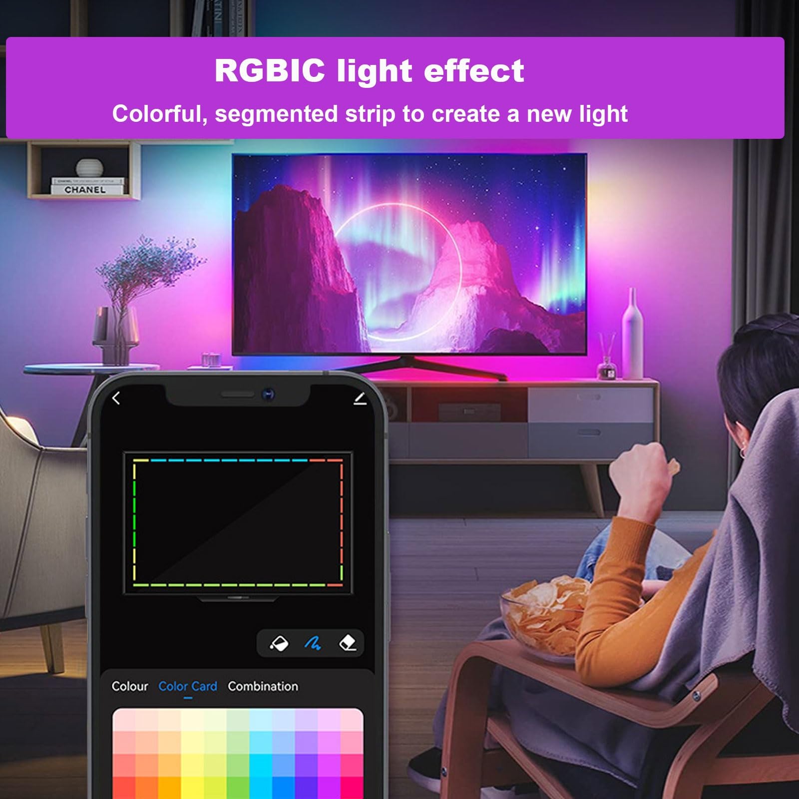 Ulamp Excitat® banda LED TV RGBIC 3.8 m cu camera 1080P, sincronizare culori ...