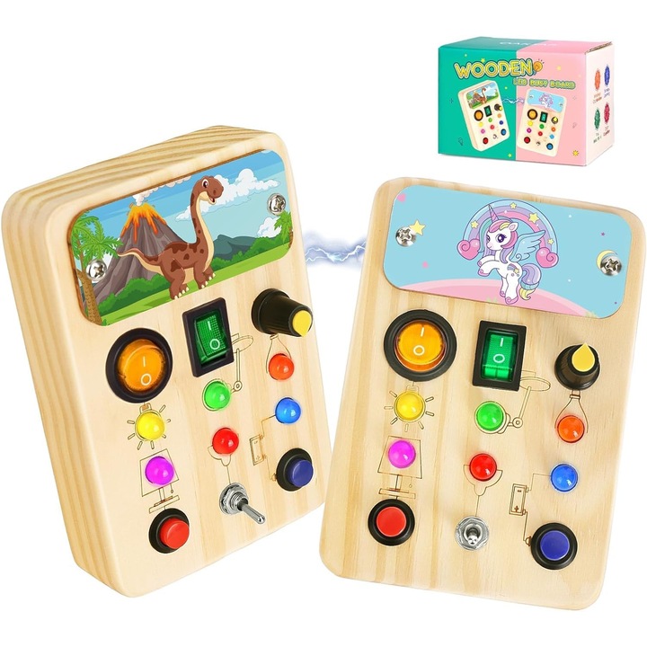 Set 2 Placi Senzoriale Montessori din Lemn cu Lumini LED, Jucarie Interactiva pentru Dezvoltarea Abilitatilor Motorii, Portabila si Sigura, pentru Copii, Necesita 2 Baterii AAA