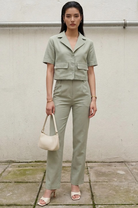 Costum dama, MyFashion, din doua piese, talie inalta, verde, poliester