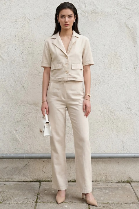 Costum dama, MyFashion, doua piese, talie inalta, bej, poliester|viscoza|elastan, M INTL