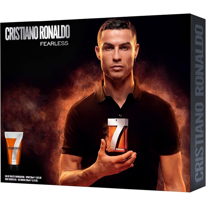 Set cadou CR7 Fearless, 100 ml, parfum pentru barbati, apa de toaleta, spray de corp, set de dus