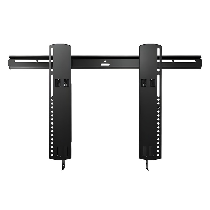 Suport TV de perete universal Ultra-Slim SANUS, diagonala TV 40″-85″ (101-215 cm), max. 56.7 kg, sistem ProSet, functie inclinare 10°, inaltime ajustabila, tehnologie ClickStand, adancime perete ~2 cm, ajustare orizontala, placi adaptoare, negru