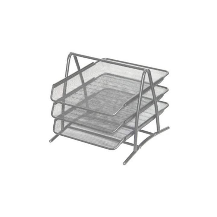 Тава за документи, 3 нива, сива, органайзер за бюро А4, сребриста, хоризонтална поставка за хартия, мрежеста офис тава, издръжлива, поставка за папки и документи