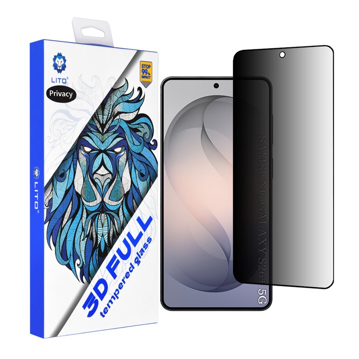 Folie telefon 3D Full Cover Lito Privacy, sticlă securizată, transparentă, pentru Samsung Galaxy S26 Plus