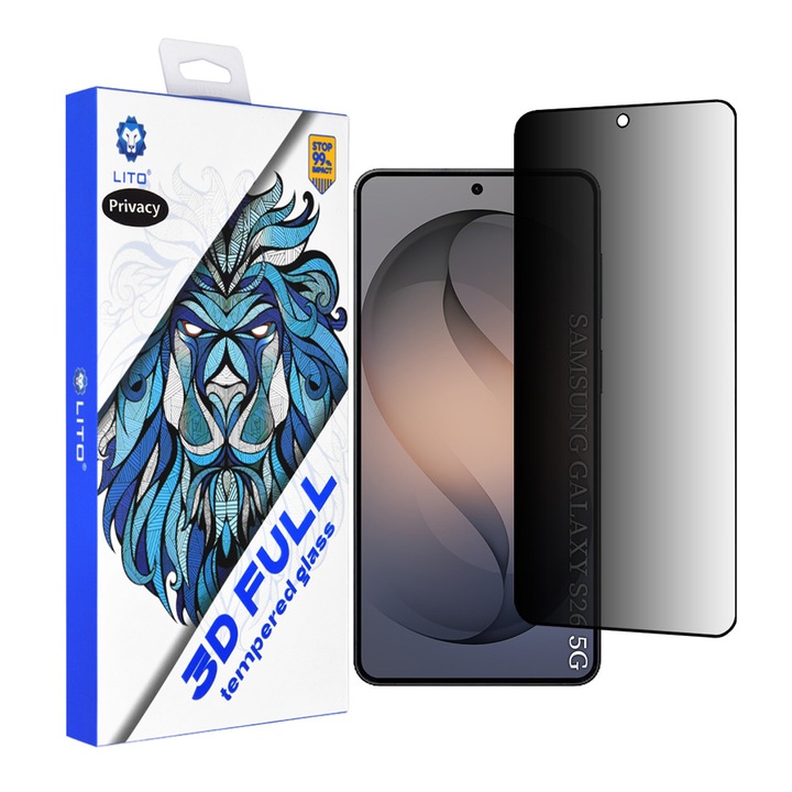 Folie telefon 3D Full Cover Lito Privacy, sticlă securizată, transparentă, pentru Samsung Galaxy S26