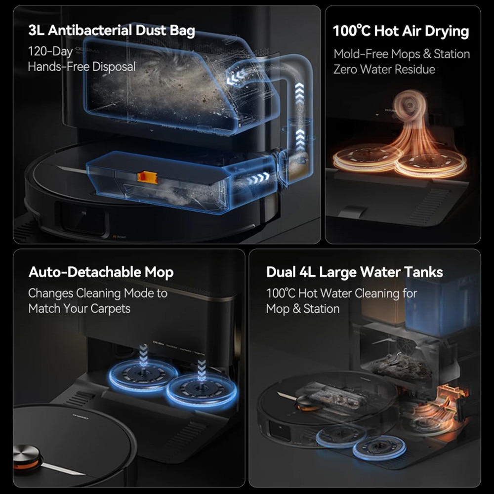 Aspirator Robot cu Mop, 28000Pa, Statie, Navigatie, Rezervor XL, Mi Home App, Deerma X90 Ultra, Negru