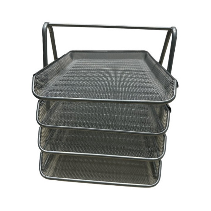 Тава за документи, сребриста, 4 нива, сива, органайзер за бюро А4, хоризонтална поставка за хартия, мрежеста офис тава, издръжлива, поставка за папки и документи