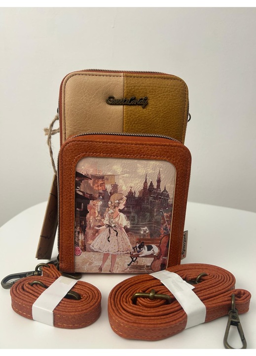 Geanta de mana pentru telefon mobil cu buzunar transparent la spate, Maro