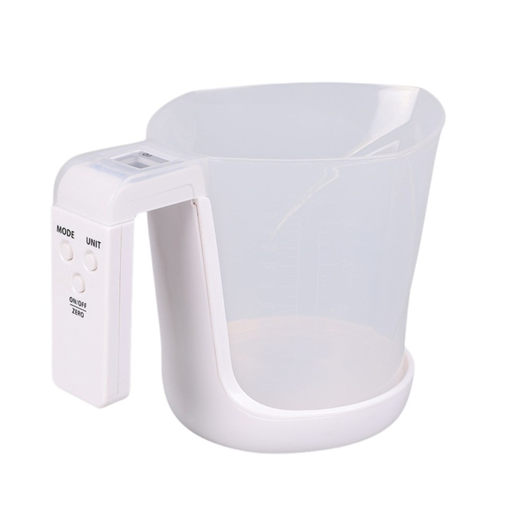 Cantar de Bucatarie 2 in 1, Flippy, Model Electronic, Tip Cana Gradata cu Masurare, pentru Lichide si Solide, Display Automat, 21.5 x 14.3 x 15 cm, Alb