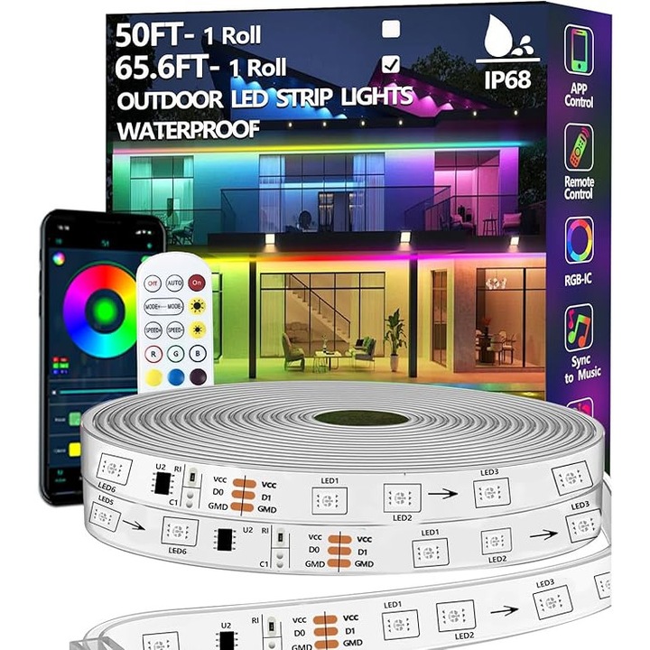 Banda LED exterior 20m (65.6FT) RGB+IC, IP68 waterproof, control App si telecomanda RF, Music Sync si Chase Mode, 24V, Silicon, culoare Multicolor