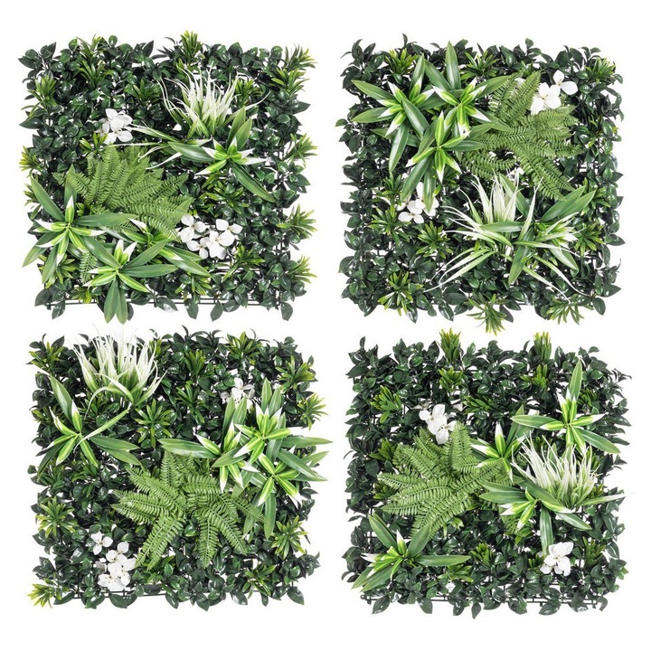 4 db 50x50 cm-es fehér-zöld műnövény panel készlet