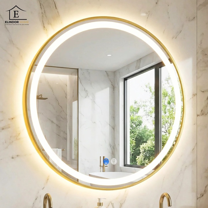 Oglinda de Perete Elindor® Rotunda, Antiaburire, cu Rama Aurie, Ideala pentru Baie, Iluminare Led, 3 Culori Lumina, Dimabila, Buton ON/OFF Luminat si Noaptea, Rezistenta la Umiditate IP44, 80 x 80 cm