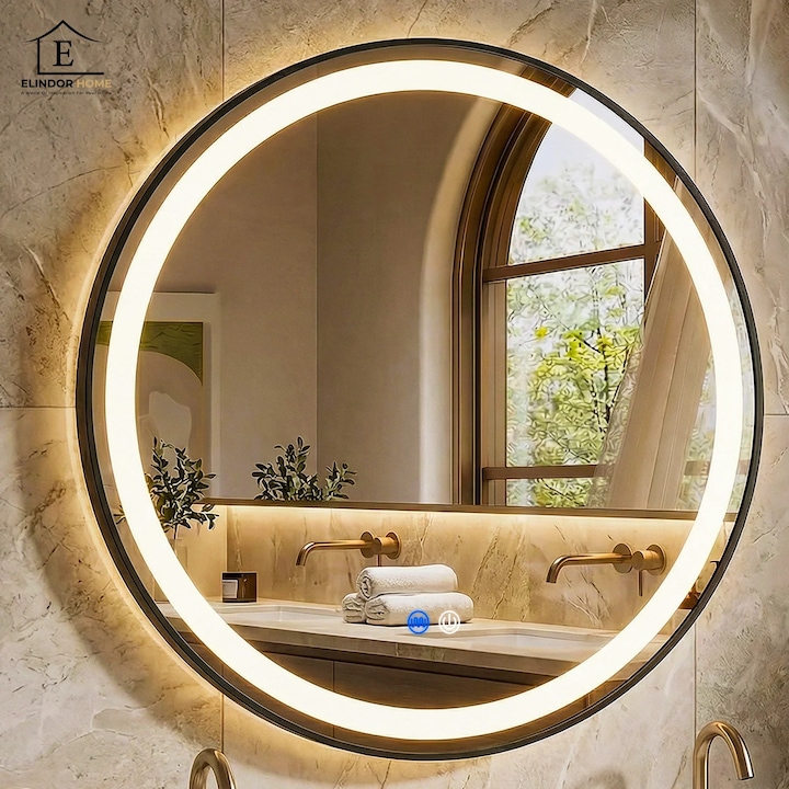 Oglinda de Perete Elindor® Rotunda, Antiaburire, cu Rama Neagra, Ideala pentru Baie, Iluminare Led, 3 Culori Lumina, Dimabila, Buton ON/OFF Luminat si Noaptea, Rezistenta la Umiditate IP44, 80 x 80 cm
