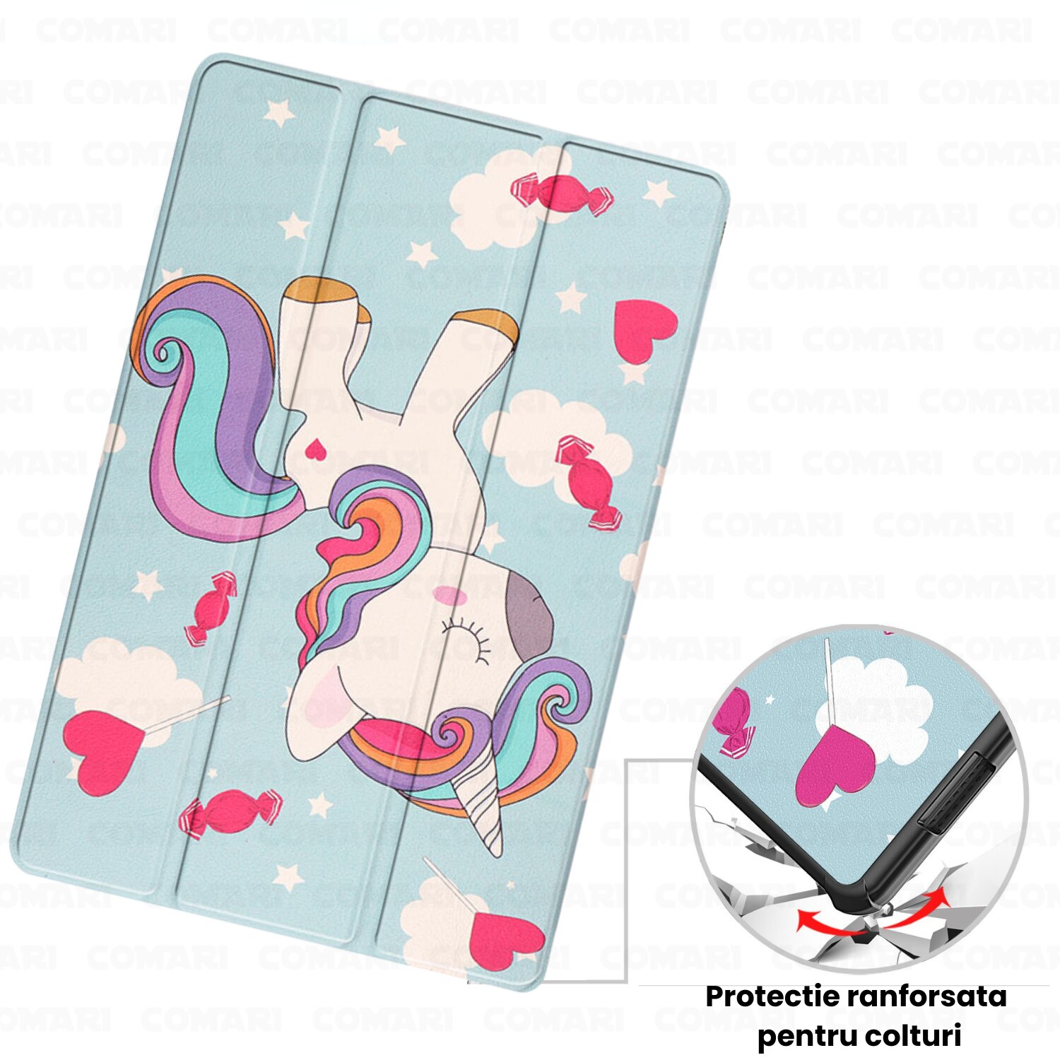 Husa pentru Lenovo Legion Tab Gen 3 Comari® EliteCover, protectie completa, functie stand multipla, design elegant tip carte, Unicorn