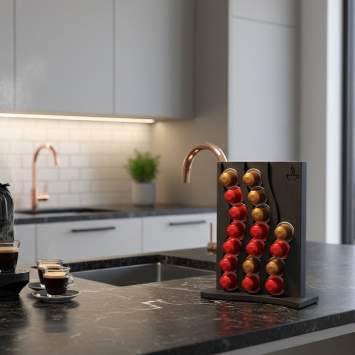 Suport Capsule Cafea compatibil Nespresso "Black Wave", Capacitate 21 capsule, Plastic, Inaltime 25 cm, Negru - Fabricat 100% in Romania