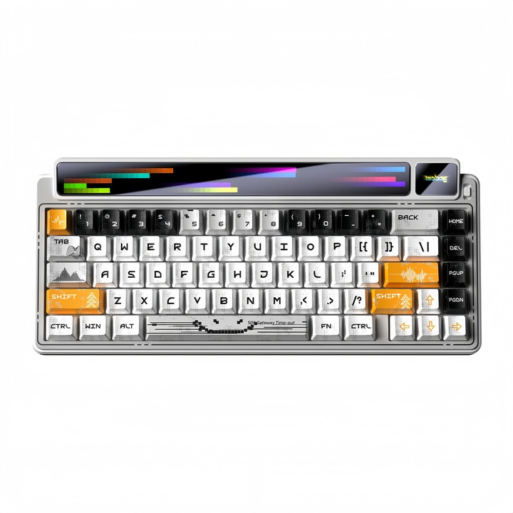 Tastatura mecanica gaming, Design cu ecran dublu,1.14 inch Tastatura mecanica cu ecran inteligent,6.9 inch ecran dot matrix, Bluetooth, /2.4Ghz/USB, Soft customizabil RGB, 65%, 67 Taste, Functie Hot-Swap,8000mAh, PBT, LEOBOG AMG65, ALB