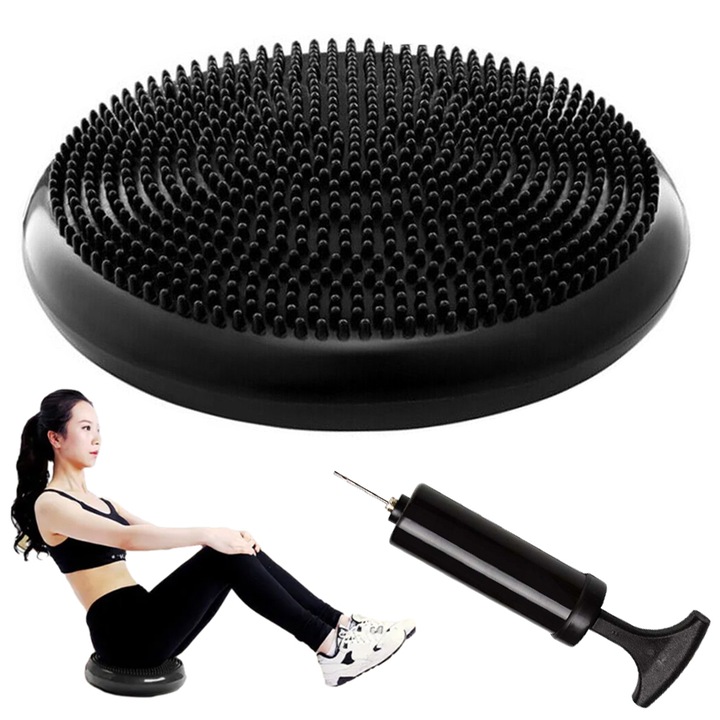 Minge de yoga Juksun, 33cm, suporta pana la 300kg, neagra, cu pompa inclusa