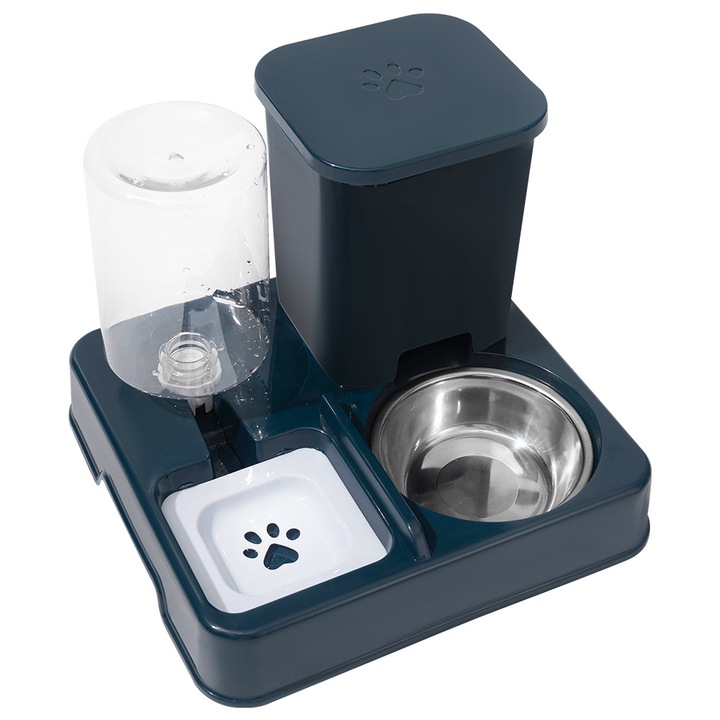 Distribuitor de hrana pentru animale, capacitate de stocare 1, 5 kg, cu pahar de 800 ml, dimensiuni 27x25x21 cm, albastru inchis