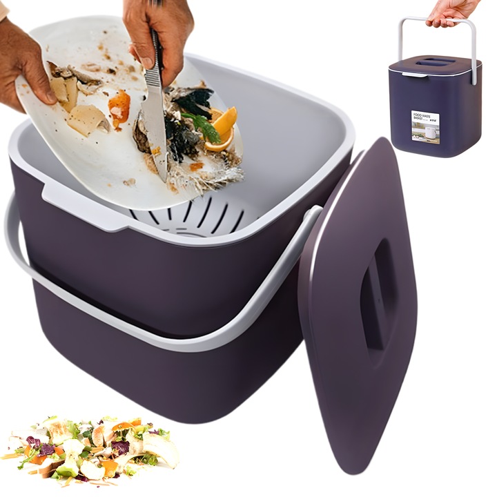 Cos de compost 4L Juksun, cu sita interioara detasabila, capac etans, plastic BPA-free, mov inchis, 18.3x17.1x16.6cm
