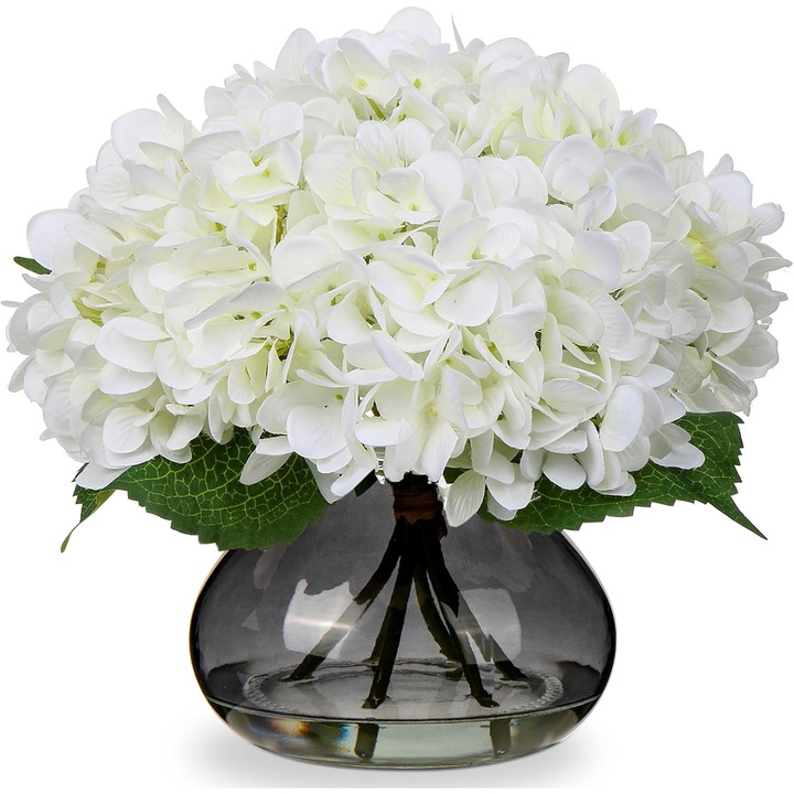 Flori Artificiale Hortensii Albe in Vas de Sticla - Decor Realist