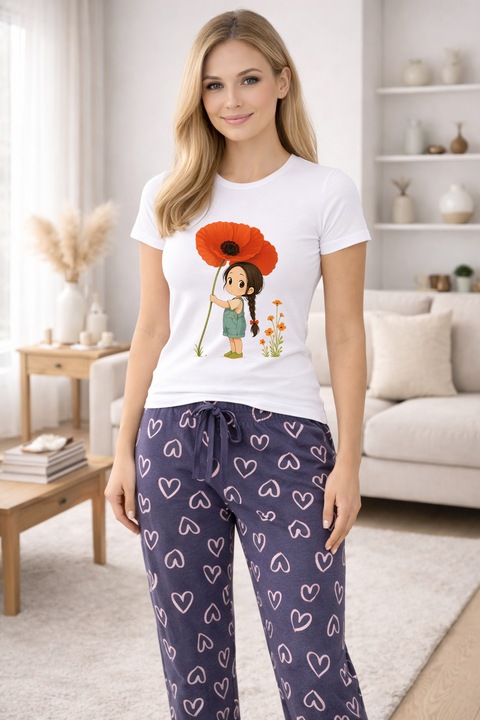 Pijamale dama din bumbac premium, pijama femei confortabila 105024, Alb
