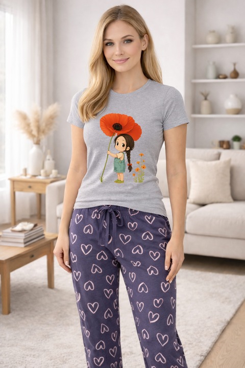 Pijamale dama din bumbac premium, pijama femei confortabila 105024, Gri