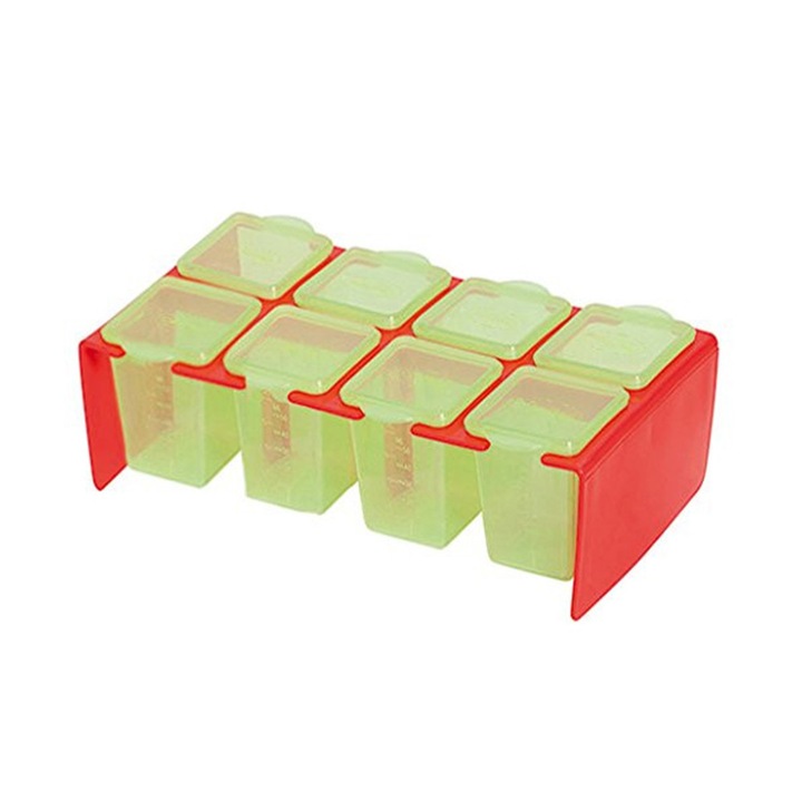Recipiente pentru congelarea și depozitarea alimentelor pentru bebeluși Clevamama Clevaportions 232205099, 8 x 80 ml, Fără BPA și Ftalati, Roșu/Verde