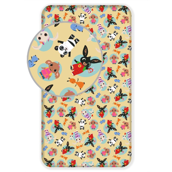 Cearceaf din bumbac cu elastic Jerry Fabrics, 90x200cm, design Kroliczek Bing, certificat OEKO-TEX, 100% bumbac